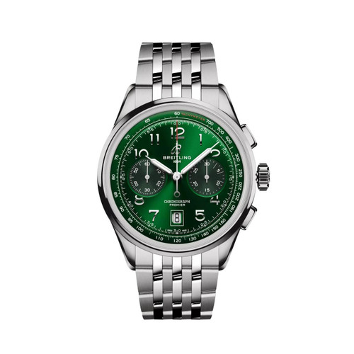 Breitling Premier B01 Chronograph 42, stainless steel wristwatch with green dial, chronograph sub-dials, date window at 6 o'clock, and tachymeter scale on the bezel.