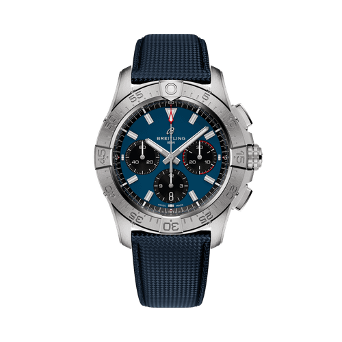 Breitling Avenger B01 Chronograph 42, luxury men's wristwatch with blue dial, stainless steel case, black chronograph subdials, and blue textured strap.