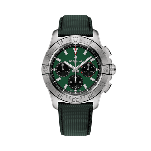 Breitling Avenger B01 Chronograph 42 watch, green dial with black subdials, stainless steel case, and green textured strap.