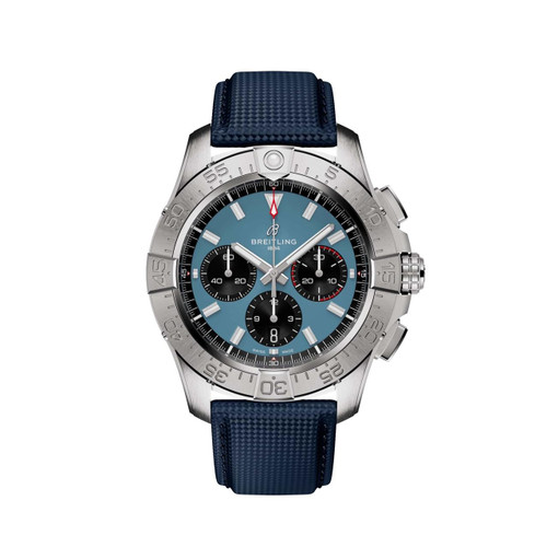 Breitling Avenger B01 Chronograph 44, watch with a stainless steel case, blue dial, black sub-dials, and a blue rubber strap.
