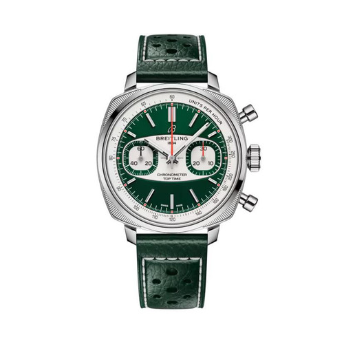 Breitling Top Time B01 Racing, luxury men's chronograph watch with green dial, black perforated leather strap, and stainless steel case.
