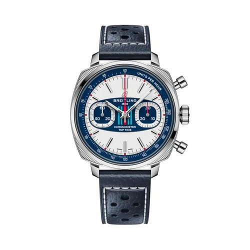 Breitling Top Time B01 Racing, luxury men's wristwatch with a white dial, blue accents, chronograph features, and a black leather strap with white stitching.