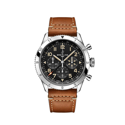 Breitling Classic AVI Super AVI B04 Chronograph GMT 46 P-51 Mustang watch, featuring a black dial with chronograph subdials, luminous hands, and a brown leather strap.