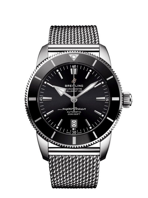 Breitling Superocean Heritage B20 Automatic 46 watch, black dial with silver markers and hands, stainless steel case, mesh bracelet, date display at 6 o'clock, 200m water resistance.