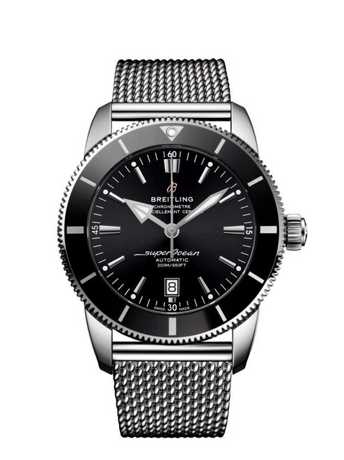 Breitling Superocean Heritage B20 Automatic 46 watch, black dial with silver markers and hands, stainless steel case, mesh bracelet, date display at 6 o'clock, 200m water resistance.