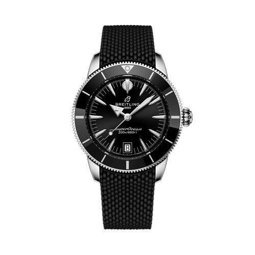 Breitling Superocean Heritage B31 Automatic 40 watch, black dial with white markers and date display, stainless steel case, black textured strap, water-resistant to 200 meters.