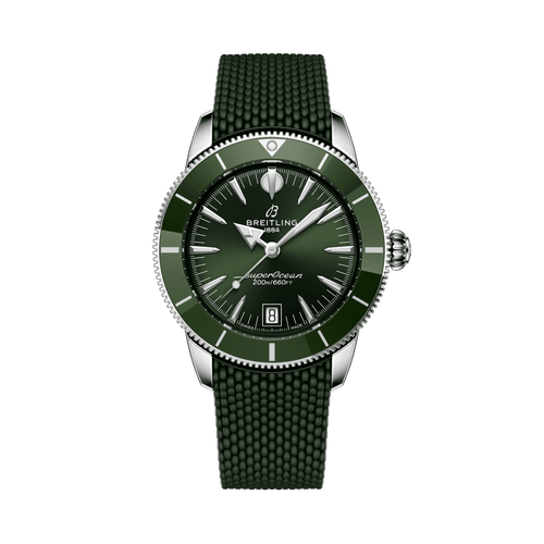 Breitling Superocean Heritage B31 Automatic 40 watch, green dial with matching green strap, stainless steel case, date display at 6 o'clock, and water resistance up to 200 meters.