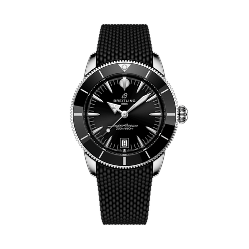 BREITLING Superocean Heritage B31 Automatic 42 watch, black dial with silver hands, date display, and black textured strap.