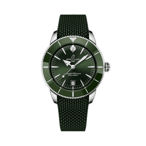 Breitling Superocean Heritage B31 Automatic 44 wristwatch, green dial and bezel with silver accents, black textured strap, date window at 6 o'clock, professional diver's watch with 200m water resistance.
