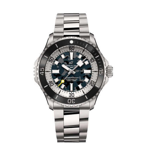 Breitling Superocean Automatic 46 Super Diver watch, stainless steel bracelet, black and gray camouflage dial, rotating bezel, chronometer, 1000m water resistance.
