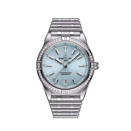 Breitling Chronomat Automatic 36 watch, silver stainless steel case and bracelet with diamond-set bezel and light blue dial featuring diamond hour markers