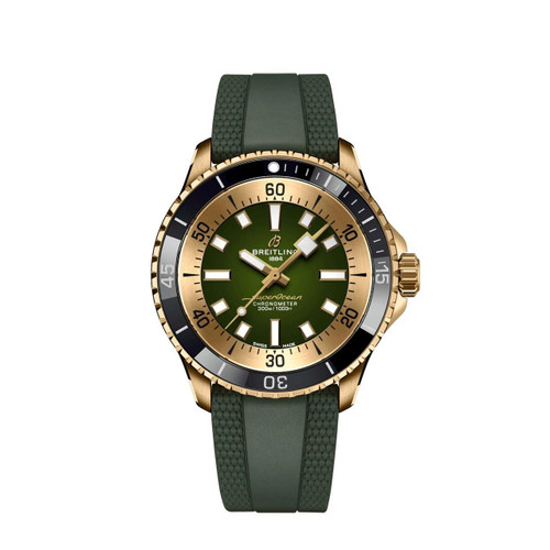 Breitling Superocean Automatic 42 watch, green dial with gold-tone bezel and strap, featuring bold hour markers and chronometer functions.