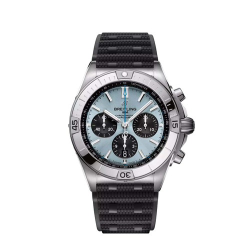 Breitling Chronomat B01 42 watch, stainless steel case with a light blue dial, black chronograph sub-dials, and a black textured rubber strap.
