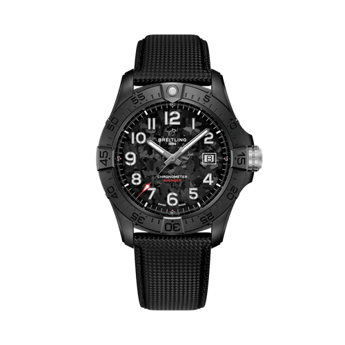 Breitling Avenger Automatic 42 Night Mission [S17328101B1X1], black watch with textured dial and rubber strap.