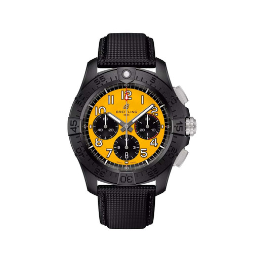 Breitling Avenger B01 Chronograph 44 Night Mission watch, black case with a yellow dial, black subdials, and a textured black strap.