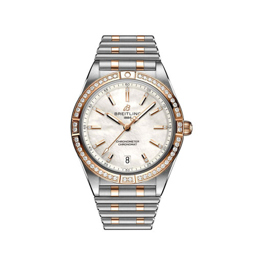 Breitling Chronomat Automatic 36 watch, luxury wristwatch with diamond-studded bezel, mother-of-pearl dial, and two-tone stainless steel and rose gold bracelet.
