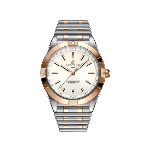BREITLING Chronomat Automatic 36, luxury men's wristwatch with a two-tone stainless steel and rose gold bracelet, cream dial, and chronograph features.