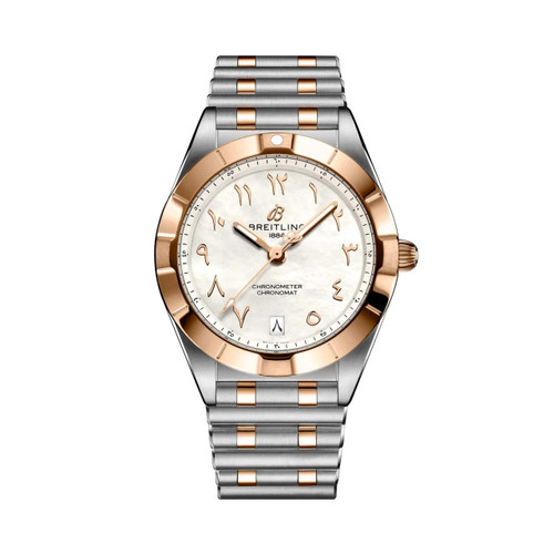 Breitling Chronomat 32, luxury women's wristwatch with a two-tone stainless steel and rose gold bracelet, mother-of-pearl dial, and Arabic numeral hour markers.