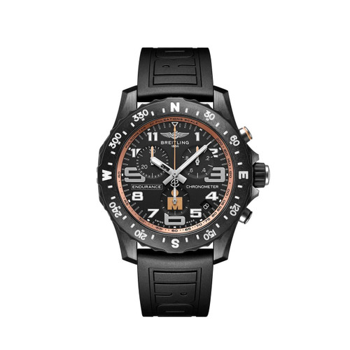 BREITLING Professional Endurance Pro 44 IRONMAN® Finisher watch, black dial with multiple chronograph subdials, black rubber strap, and sporty design.