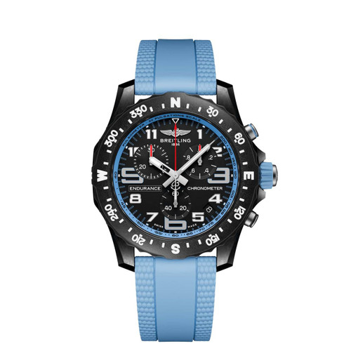 Breitling Professional Endurance Pro 44 watch, blue rubber strap and black case with detailed chronograph dial.