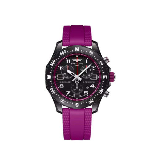 Breitling Professional Endurance Pro 38 watch, black dial with purple strap and bezel featuring multiple chronograph subdials and detailed markings.