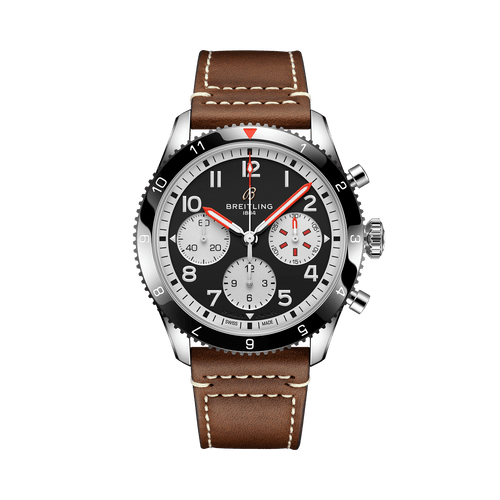 BREITLING Classic AVI Chronograph 42 Mosquito, stainless steel watch with black dial, three sub-dials, and brown leather strap.