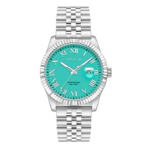 CERRUTI 1881 WATCH [CIWGH0019802], Silver stainless steel bracelet watch with turquoise dial, Roman numeral hour markers, date window, and water resistance to 50 meters