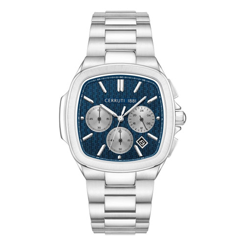 CERRUTI 1881 WATCH [CIWGI0018601], luxury stainless steel men's chronograph watch with a blue textured dial, silver subdials, date display, and a metal bracelet
