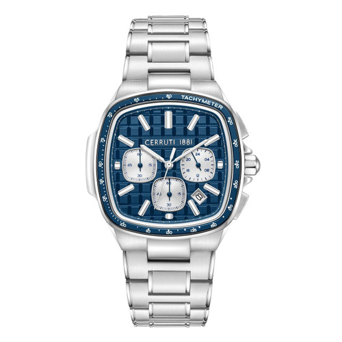 CERRUTI 1881 WATCH, stainless steel chronograph wristwatch with blue textured dial, three subdials, date window, and tachymeter bezel.