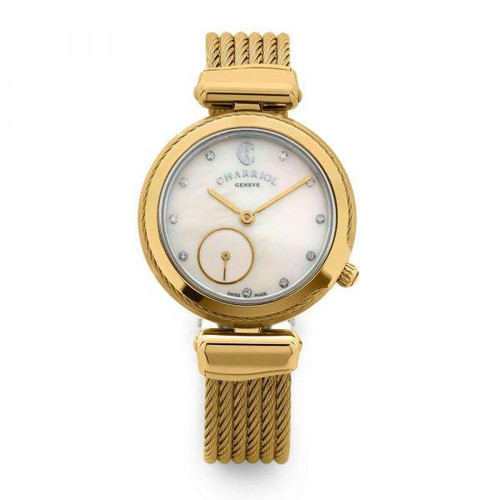 CHARRIOL Celtic 30mm Yellow Gold MOP Dial watch, elegant luxury timepiece with a gold case, mother-of-pearl dial, and gold bracelet strap.