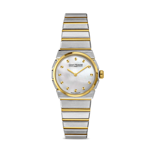 SAINT HONORE ODEON watch, a two-tone gold and stainless steel wristwatch with a round face, mother-of-pearl dial, gold hour markers, and a gold bezel design.