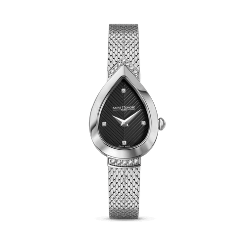 SAINT HONORE PETIT PALAIS watch, Elegant women's wristwatch with black dial, diamond accents, and silver mesh strap.