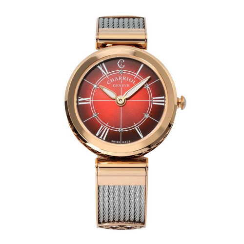 CHARRIOL Forever 32mm Watch Steel Cable, stylish wristwatch with a red dial, gold-tone case, and a steel cable strap.