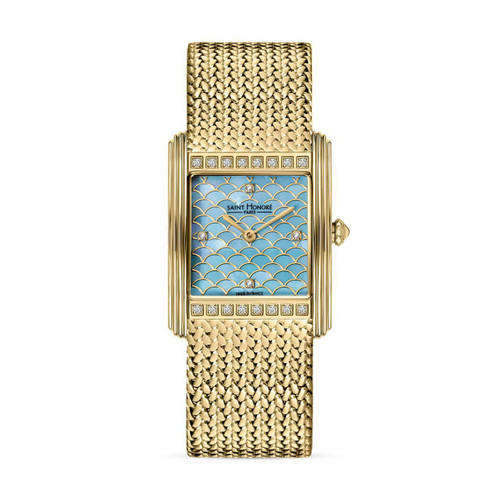 SAINT HONORE PALAIS ROYAL watch, luxurious gold wristwatch with intricate mesh strap and a rectangular face featuring a blue and gold scalloped pattern, decorated with diamonds at the bezel and dial segments.