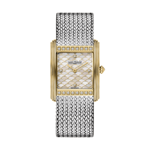 SAINT HONORE PALAIS ROYAL watch, elegant luxury wristwatch with a rectangular gold case, diamond accents, white patterned dial, and stainless steel mesh strap.