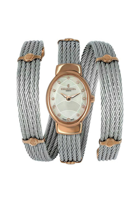 CHARRIOL Twist Watch 30 mm, elegant women's wristwatch with a rose gold oval case and a silver twisted cable bracelet.