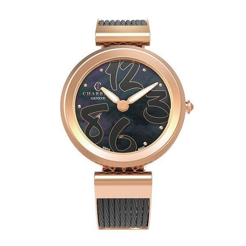 Charriol Forever Watch 32mm, luxury women's wristwatch with a round black dial featuring oversized gold numerals and a black and gold mesh strap.