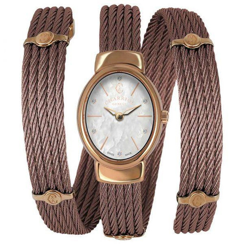 CHARRIOL TWIST WATCH, elegant women's wristwatch with a rose gold oval case and a distinctive twisted cable bracelet design.