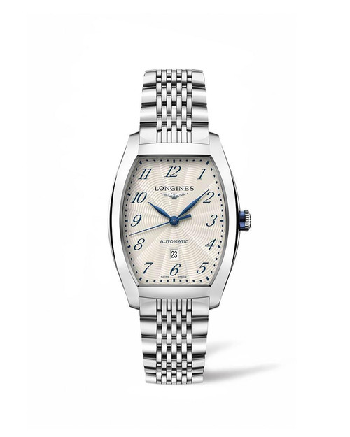 Longines Evidenza Automatic [L2.342.4.73.6], a luxury men's watch with a silver stainless steel bracelet, a rectangular silver dial with blue hands, and a date display at 6 o'clock.