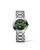 LONGINES PRIMALUNA watch, silver metal bracelet with green dial, Roman numerals, moon phase indicator, and date display.