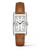 LONGINES DOLCEVITA [L5.767.4.73.3], luxury rectangular wristwatch with a silver dial, blue hands, and a brown leather strap.