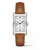 LONGINES DOLCEVITA [L5.767.4.73.3], luxury rectangular wristwatch with a silver dial, blue hands, and a brown leather strap.