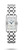 Longines DolceVita watch, rectangular stainless steel case with a white dial, diamond hour markers, blue hands, and a stainless steel bracelet.