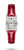 LONGINES DOLCEVITA watch, rectangular silver case with Roman numeral dial and blue hands, featuring a red leather strap.