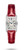 LONGINES DOLCEVITA watch, rectangular silver case with Roman numeral dial and blue hands, featuring a red leather strap.