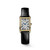 Longines DolceVita, luxury wristwatch with rectangular gold case encrusted with diamonds, silver dial with blue Roman numerals and hands, black leather strap.