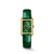 Longines DolceVita watch, rectangular gold watch with green dial and matching green leather strap.