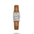 Longines DolceVita watch, Elegant rectangular wristwatch with diamond-encrusted bezel, white dial, blue Roman numerals, and brown leather strap.