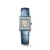 Longines Mini DolceVita watch, rectangular dial with gold accents, blue leather strap, and diamond-encrusted bezel.