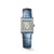 Longines Mini DolceVita watch, rectangular dial with gold accents, blue leather strap, and diamond-encrusted bezel.
